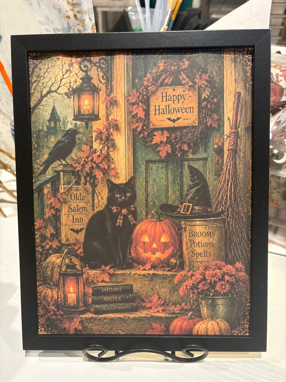 Happy Halloween Framed 8x10 Doorstep Art Print - Black, Orange, Green